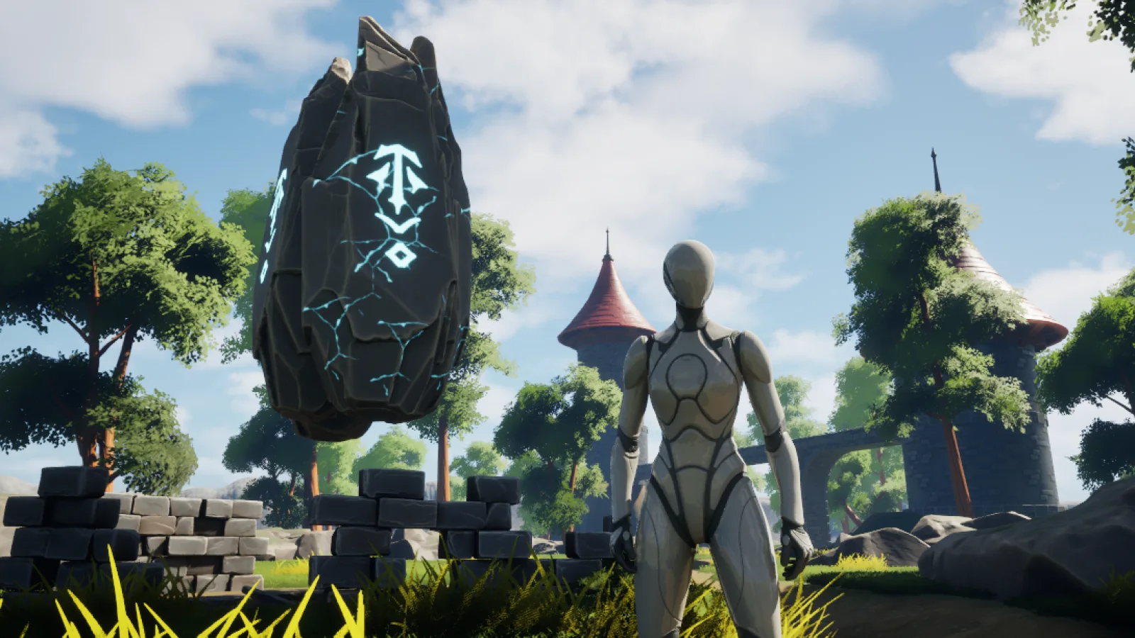 Personnage et pierre magique dans un décor d’aventure créé avec Unreal Engine 5