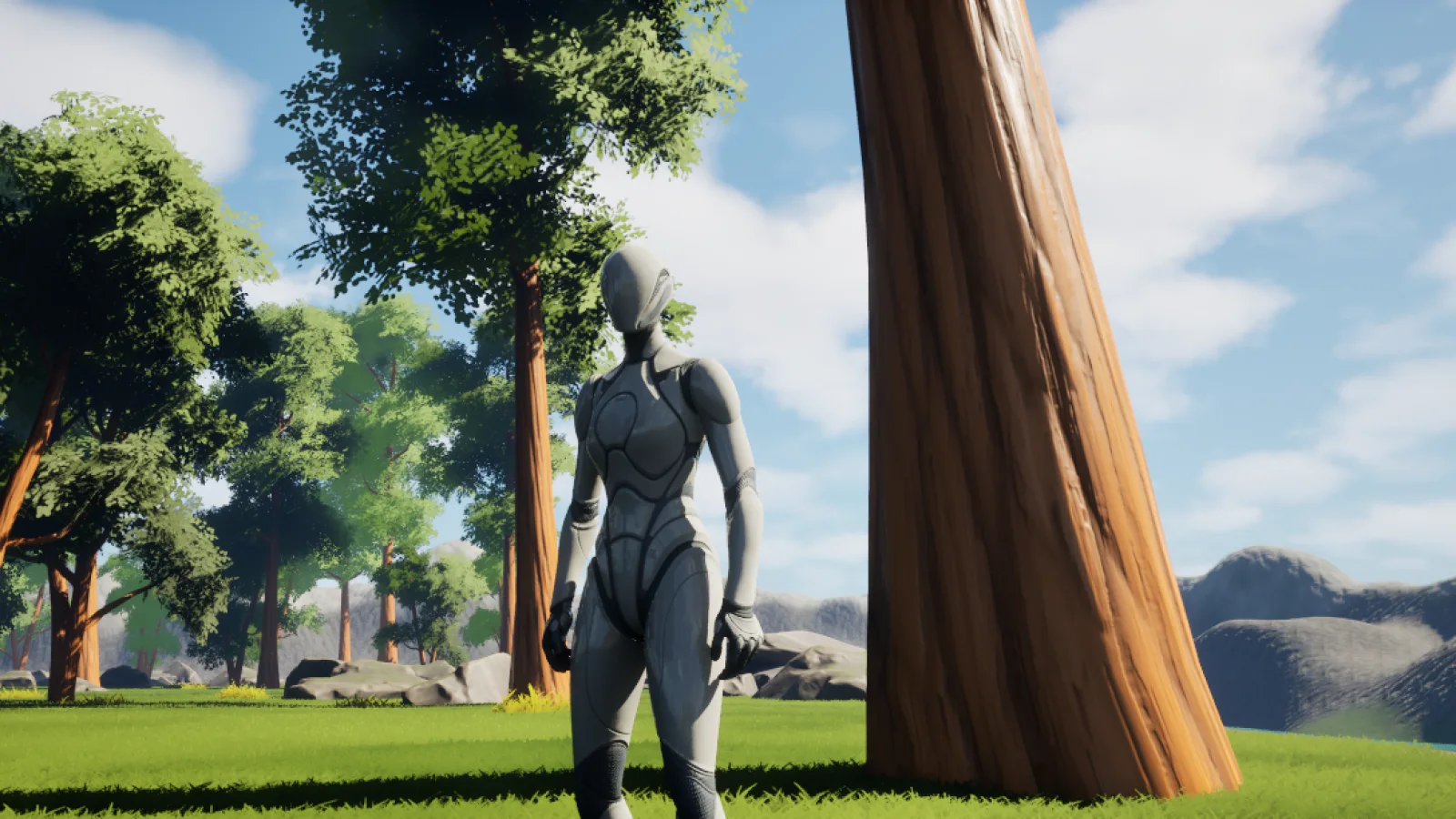 Personnage dans une forêt destinée à un jeu de survie créé avec Unreal Engine 5