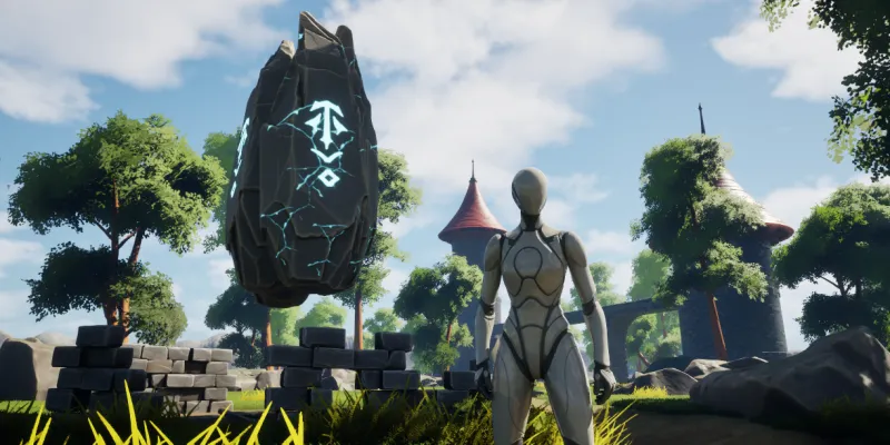 Personnage et pierre magique dans un décor d’aventure créé avec Unreal Engine 5