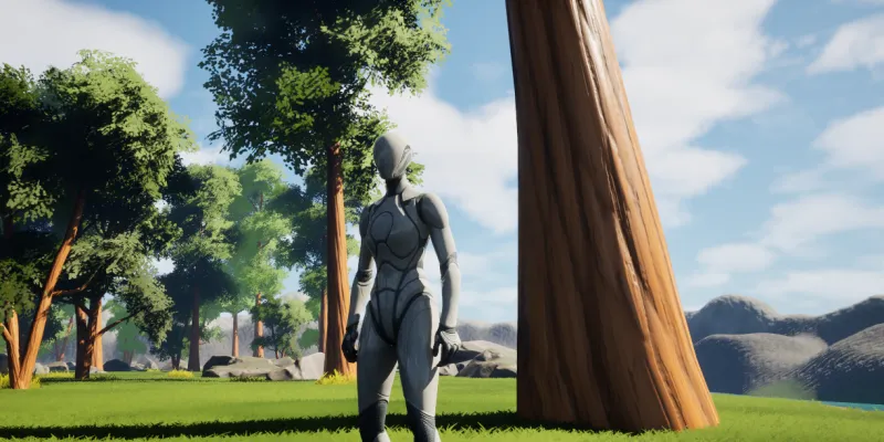 Personnage dans une forêt destinée à un jeu de survie créé avec Unreal Engine 5